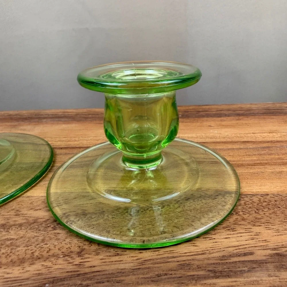 Vintage Uranium Glass Candlestick Holders‎ Green Vaseline Glass Set of 2 Glows
